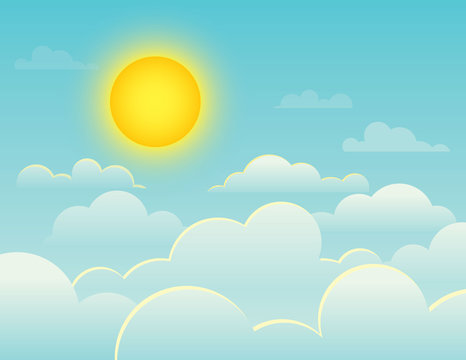 Vector colorful illustration of a bright full sun on a background of a blue sky. A midday sky with clouds and sunshine. Fluffy clouds on the blue sky