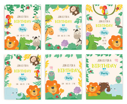 Cute Animal Theme Birthday Party Invitation Card Vector Illustration.