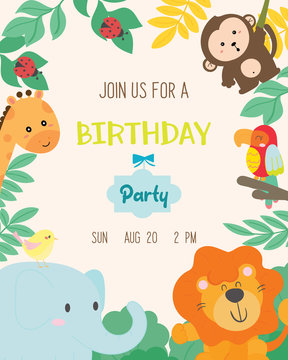 Cute Animal Theme Birthday Party Invitation Card Vector Illustration.