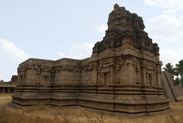 Fototapeta na wymiar Twin chambered shrine of goddess, west side view, Achyuta Raya temple, Hampi, Karnataka. Sacred Center. View from south-west