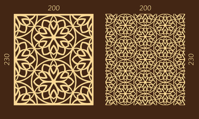 Laser cutting set. Woodcut vector trellis panel. Plywood lasercut eastern design. Hexagonal seamless pattern for printing, engraving, paper cutting. Stencil lattice ornament.