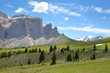 The Southern part of Sella Group mountains near Sella pass above Selva, Val Gardena, Dolomites,...