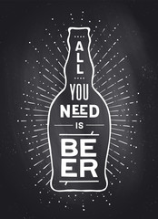 Beer. Poster or banner with beer bottle, text To Beer Or Not To Beer and vintage sun rays sunburst. Chalk white black design on chalkboard. Poster for bar, pub, restaurant. Vector Illustration