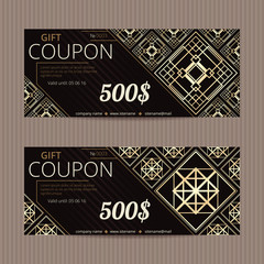 Two gift vouchers in luxury style. Vector discount cards. Art Deco tiles. Golden and silver ornament.