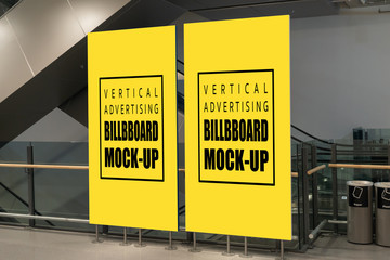 Mock up two vertical billboard on metal stand near trash can