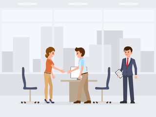 People at business meeting negotiation cartoon character. Two coworkers hands shaking