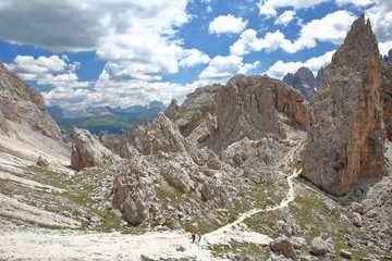 Limestone pillars and rock formations (lunar landscape) viewed from Cir mountains in Puez Odle Natural Park, Val Gardena, Dolomites, Italy