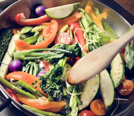 Sauced mixed vegetables food photography recipe idea - obrazy, fototapety, plakaty