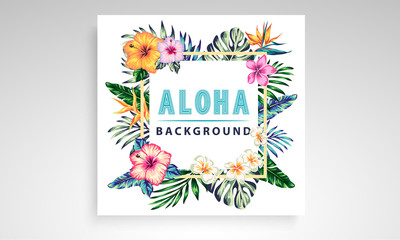 tropical collection with exotic flowers and leaves vector design isolated elements on the white, stock vector tropical a covers hawaiian exotics backgrounds palm leaves with frames use for invitation  - obrazy, fototapety, plakaty
