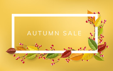 Autumn frame with colorfull fall leaves, red berry and branch, on yellow background. Horizontal vector banner illustration for autumn sale, and other fall season design