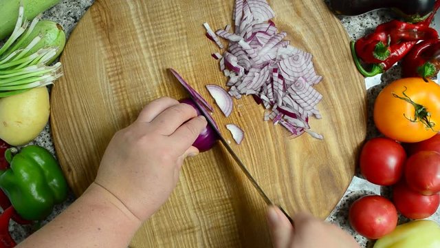 	The cook cuts onions.	Preparation of vegetables.