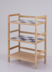 wooden shelf decorated with tiles isolated