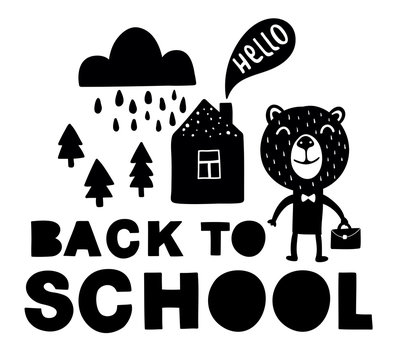 Back to school traditional poster with bear cute animal.