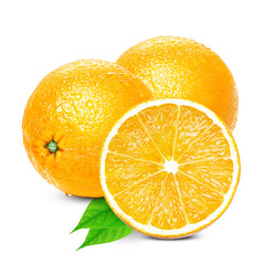 Isolated citrus fruits. Two and a half oranges with leaves isolated on white background