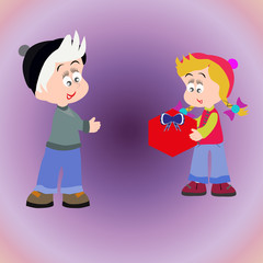 girl with a gift/In the picture children are a boy and a girl. The girl gives a box with a gift, the boy smiles. Box with a bow.