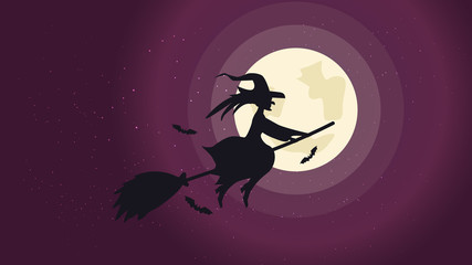 Halloween night background picture with flying witch and bats., Vector elements for banner, greeting card halloween celebration, halloween party poster.