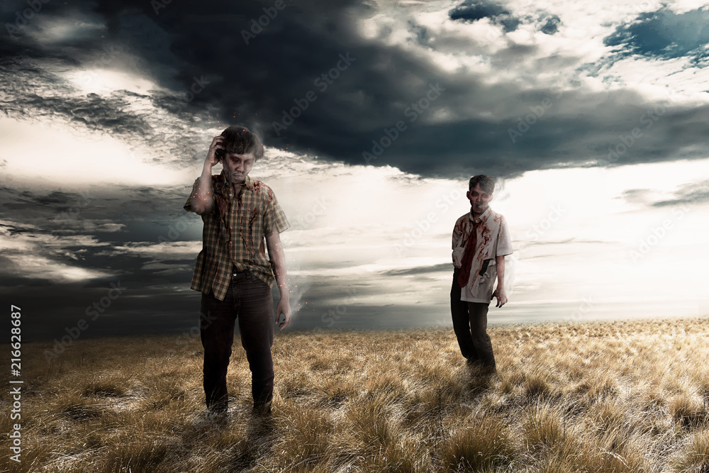 Sticker Spooky zombies on the grassland with dramatic sky background