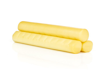 Group of three whole smoked slovak string cheese stick stack isolated on white background