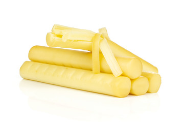 Smoked slovak string cheese stick thick shreds isolated on white background