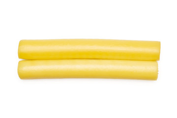 Group of two whole smoked slovak string cheese stick flatlay isolated on white background