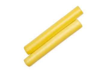 Group of two whole fresh smoked slovak string cheese stick flatlay isolated on white background