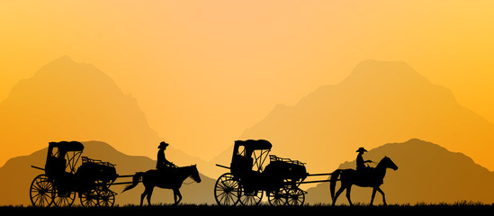 silhouette Vintage carriage and horse on sunset background.
