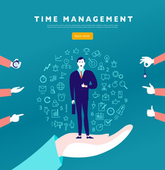 Time management. Vector flat minimalistic concept with businessman stand, isolated planning organizing icons & human hands. Line art. Business illustration. Web banner, consulting, coaching projects.