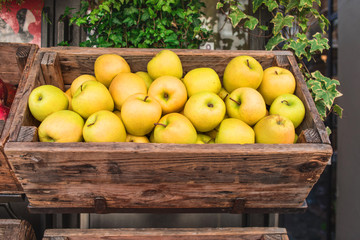 Freeh Apples   in a wooden box  on market counter. Closeup of freshly harvested fruits