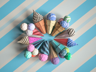 Ice cream from cardboard on papper backgrouфnd. Cartoon food product packaging and delivery Food concept. 3D model render