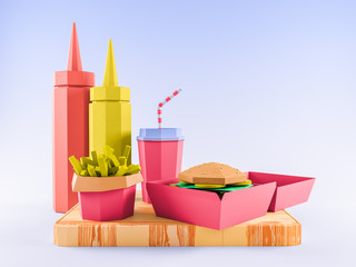 Fast food background concept from cardboard on paper background. Cartoon food product packaging and delivery. 3D model render