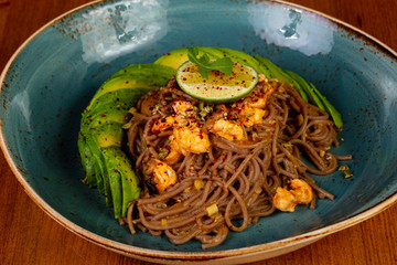 Soba with prawn and avocado