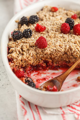 Breakfast with coffee and crumble pie, white background, healthy breakfast concept.