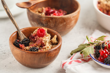 Breakfast with coffee and crumble pie, white background, healthy breakfast concept.