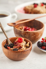 Breakfast with coffee and crumble pie, white background, healthy breakfast concept.