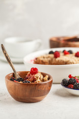 Breakfast with coffee and crumble pie, white background, healthy breakfast concept.