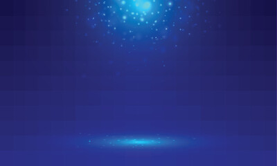Blue stage background with light rays of spotlight and falling sparkling. Shimmering light dust shining. Studio room.