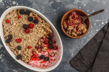 Breakfast with coffee and crumble pie, dark background, healthy vegan breakfast concept.