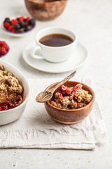 Breakfast with coffee and crumble pie, white background, healthy breakfast concept.