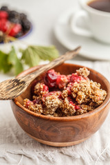 Breakfast with coffee and crumble pie, white background, healthy breakfast concept.