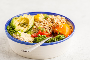 Vegan healthy rainbow salad, buddha bowl with quinoa, tofu, avocado and kale.