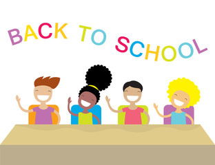 Happy school kids studying and raising their hands to answer.