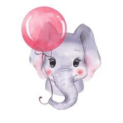 Naklejka premium Akwarela słoń z balonem. Ilustracja kreskówka na białym tle