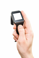 Man's hand holding smartwatch, isolated mockup