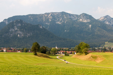 Inzell, Germany - August 5, 2018: View of the municipality of Inzell in Bavaria with the Alps in the background.