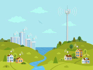 Transmission cellular tower on landscape. Wireless radio signal connection with houses and buildings through obstacles. Mobile communications tower with satellite communication antennas.