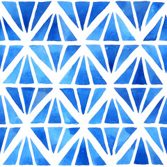 Watercolor geometric mosaic background with diamond shaped elements in blue. Hand painted seamless pattern