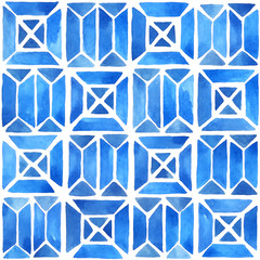 Watercolor hand painted geometric tile. Seamless pattern in blue