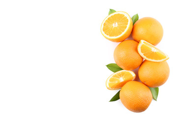 Orange fruit with green leafs isolated on white background