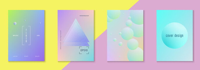 Holographic cover set with radial fluid. Geometric shape on gradient background. Modern hipster template for placards, banners, flyers, report, brochure. Minimal holographic cover in neon color