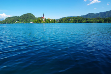 Lake Bled and mountains.